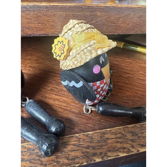 Vintage Wooden Crow Blackbird Shelf Sitters w/ Straw Hat set of 2 Terrys Village - Picture 6 of 8